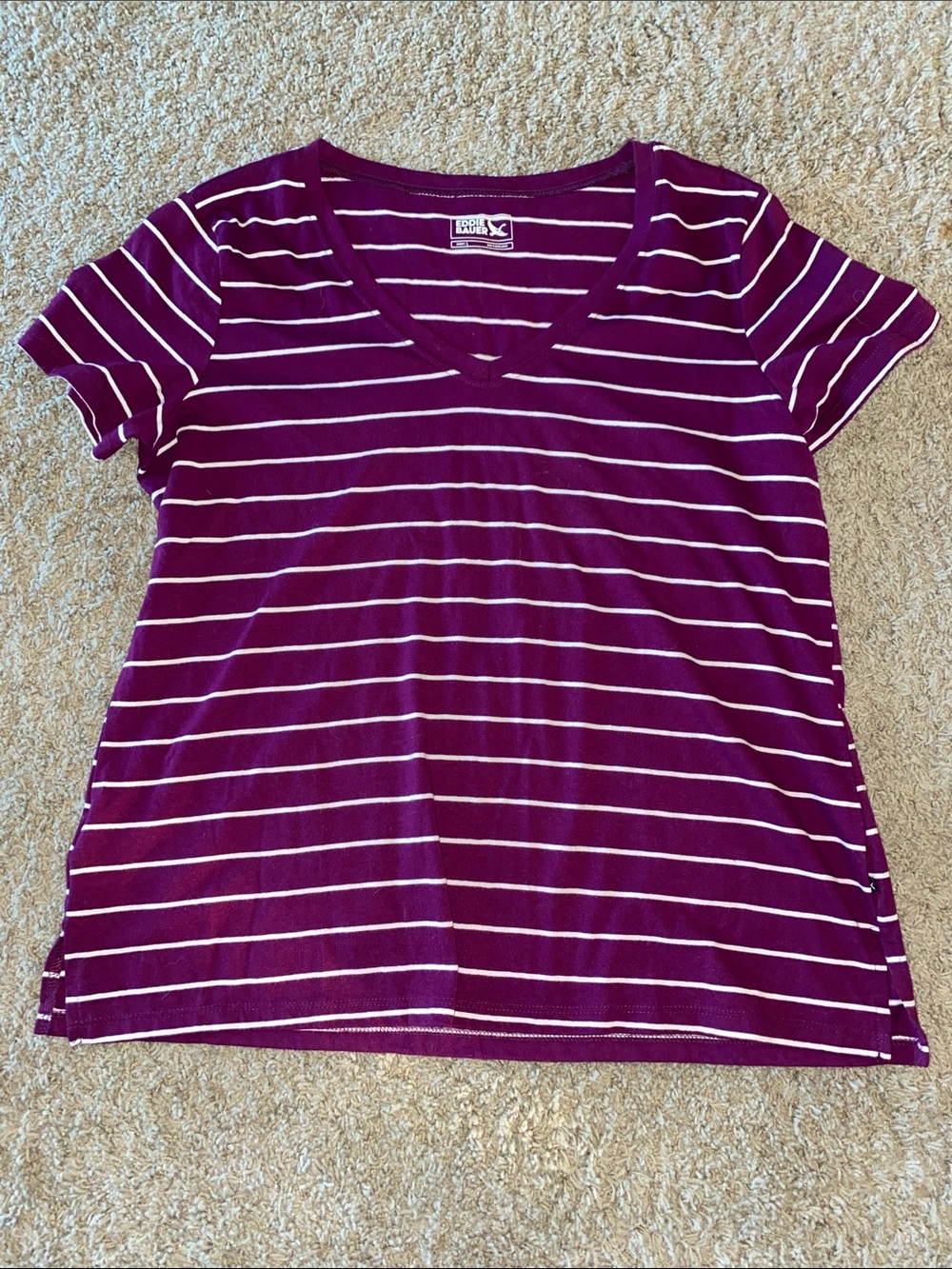 Eddie Bauer Plum and White Striped V-Neck Tee